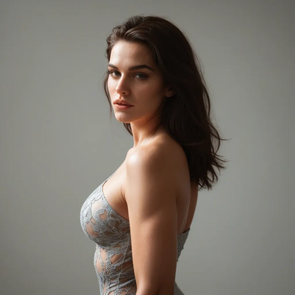 A beautiful brunette with a perfect body, huge round perfect tits standing in a neutral pose facing the camera in a beautiful marble palace., score_9, score_8, candid photo, realistic skin texture, visible skin pores, film grain, depth of field