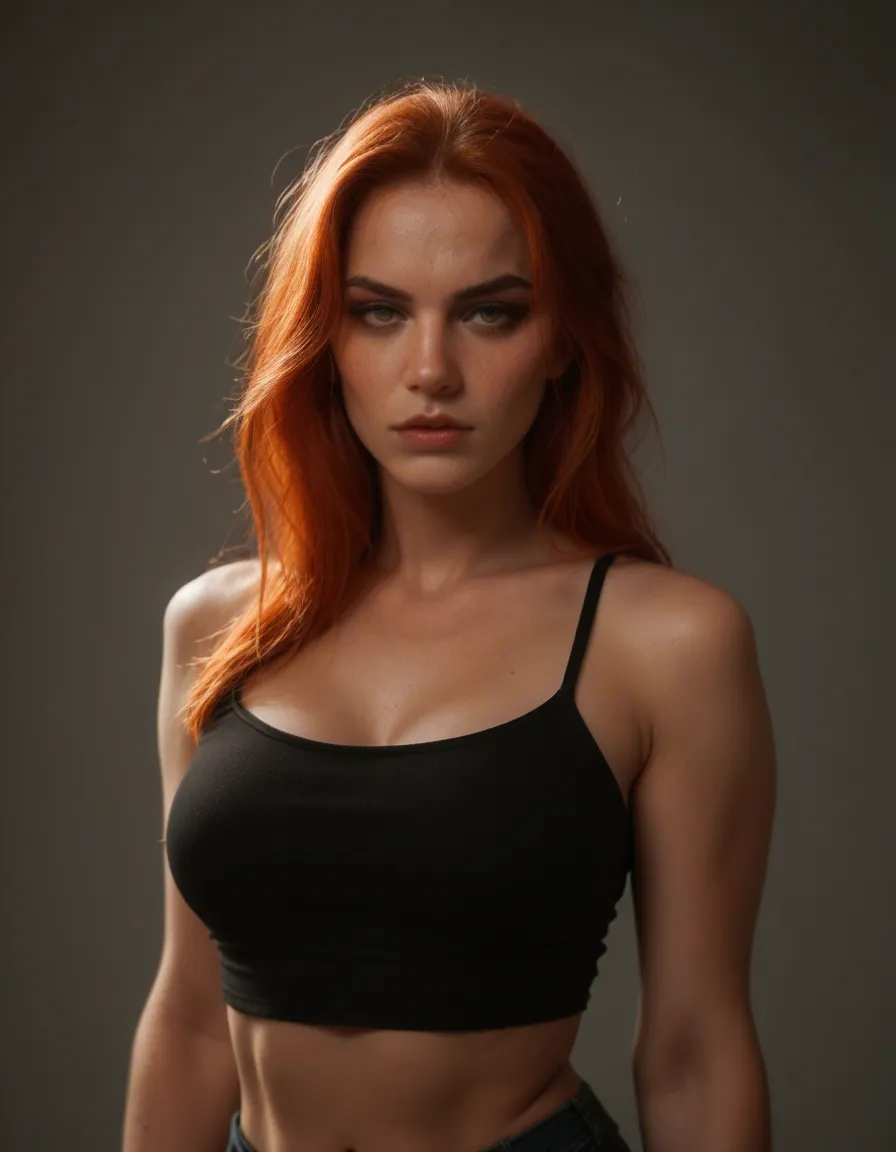 Redhead goth woman with big natural tits, score_9, score_8, candid photo, realistic skin texture, visible skin pores, film grain, depth of field