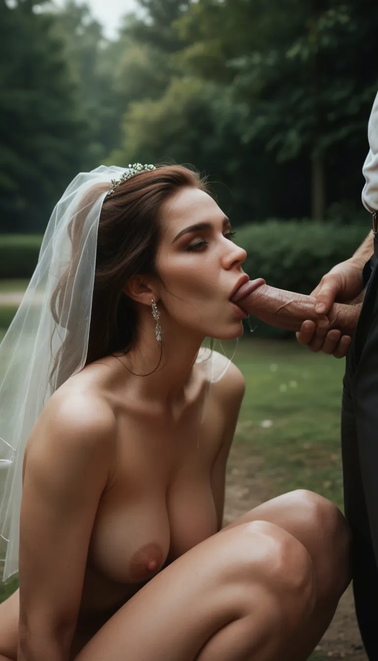 Beautiful bride is naked except for her veil. The bride is on her knees giving a blowjob to the groom outside in a park.