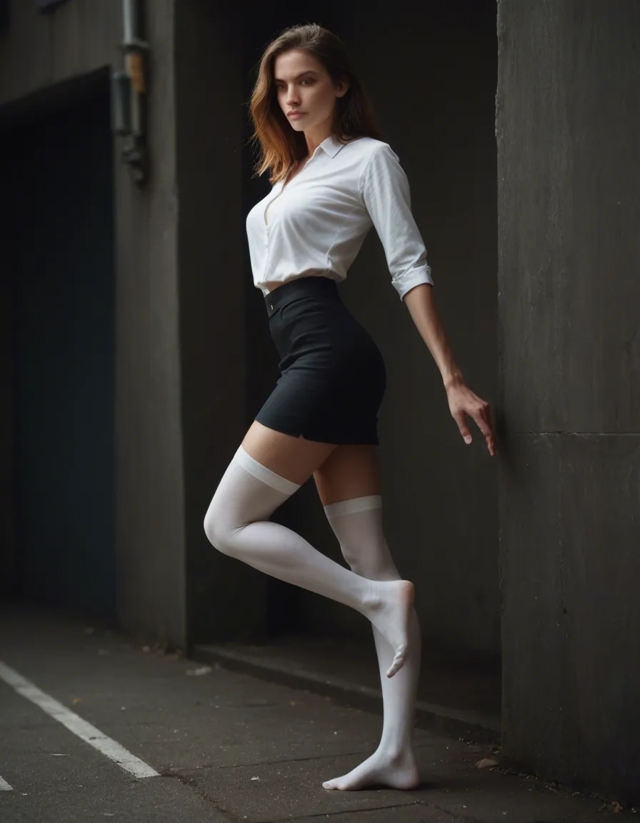 ultra HD, lifelike, 1girl, white thighhighs, black skirt, leg up, full body, film photography, score_9, score_8, candid photo, realistic skin texture, visible skin pores, film grain, depth of field