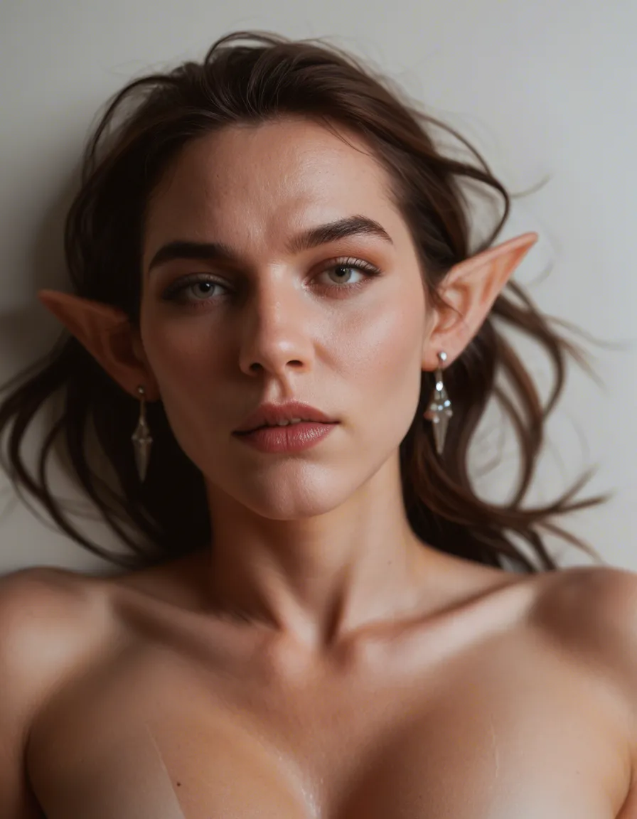 RAW photo, ultra realistic, solo, pointy ears, earrings, missionary, gradient background, POV, dslr quality, score_9, score_8, candid photo, realistic skin texture, visible skin pores, film grain, depth of field