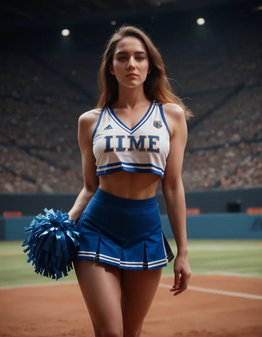 Cheerleader upskirt, score_9, score_8, candid photo, realistic skin texture, visible skin pores, film grain, depth of field