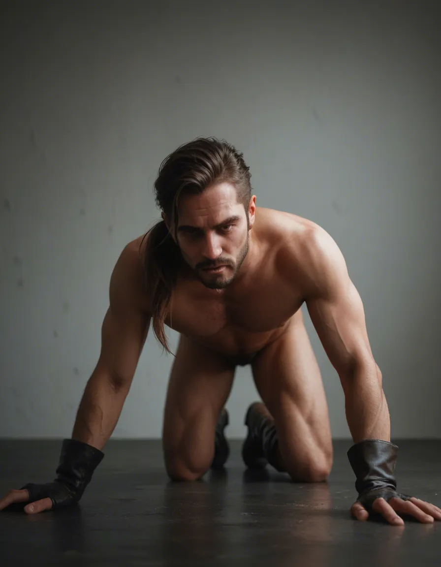 ultra HD, lifelike, male focus, side ponytail, boots, doggy style, cinematic realism, score_9, score_8, candid photo, realistic skin texture, visible skin pores, film grain, depth of field