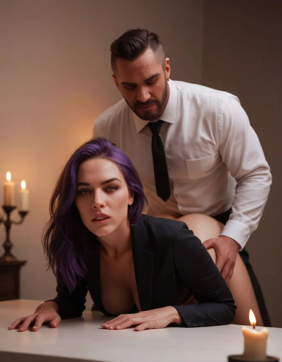 professional photo, high detail, 1boy, purple hair, long sleeves, doggy style, candlelight, RAW photo, score_9, score_8, candid photo, realistic skin texture, visible skin pores, film grain, depth of field