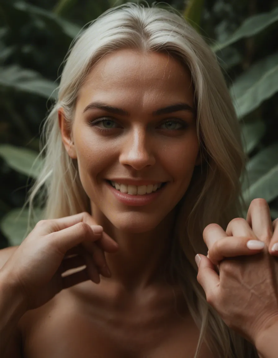 8k, sharp focus, detailed skin, extreme close-up, princess, futanari, holding hands, plant, teasing grin, cinematic realism, score_9, score_8, candid photo, realistic skin texture, visible skin pores, film grain, depth of field