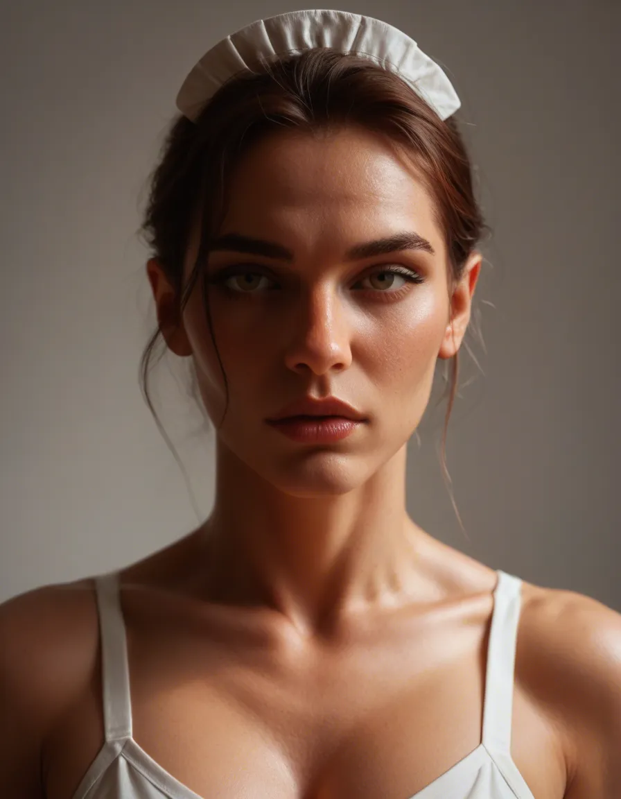 highly detailed, natural lighting, maid, presenting, toned body, gradient background, smoldering look, hyperrealistic, score_9, score_8, candid photo, realistic skin texture, visible skin pores, film grain, depth of field, score_9, score_8, amateur photo, phone snapshot, realistic skin texture, skin blemishes, soft indoor lighting