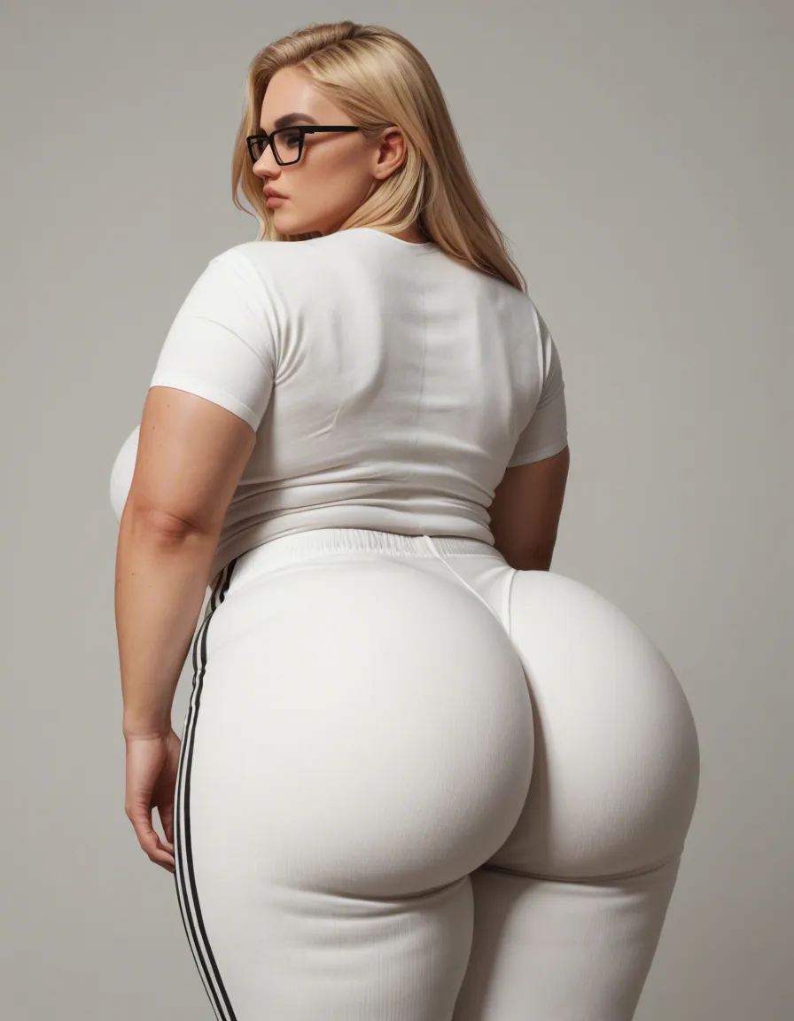 big ass blonde, eighteen years old. huge massive ass that jiggles when she walks. nice big boobs. black glasses. white tight shirt. white striped red soft fluffy pajama pants that make her ass so irresistible. her face is slightly chubby.long hair. not fat, just fat in her ass. 5'6, score_9, score_8, candid photo, realistic skin texture, visible skin pores, film grain, depth of field