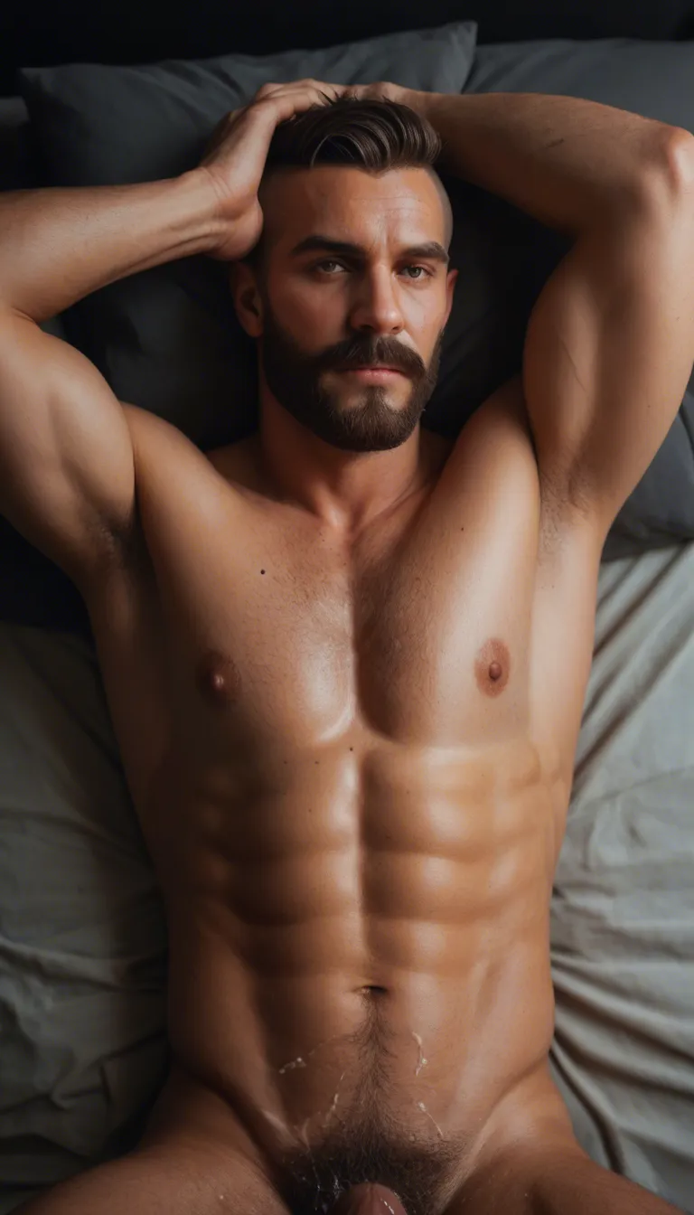 White man athletic build brown hair buzz cut scruffy beard curled mustache tattoos on chest and arms. Laying in back of truck bed and squirting cum from his large hairy erect penis. He's stroking his penis