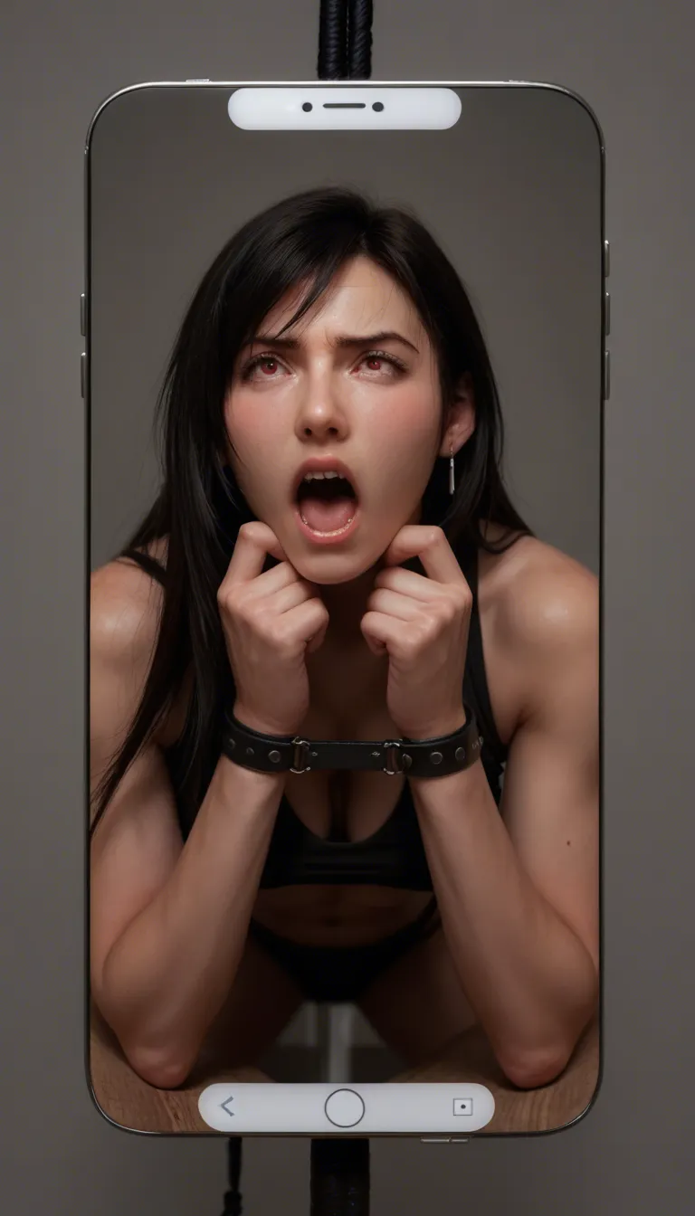 best quality, tifa, bound_wrists, tightly bound, struggling, screaming, upset, solo, bondage, bound_arms, legs bound, leather bindings, nude, hogtied, large breasts