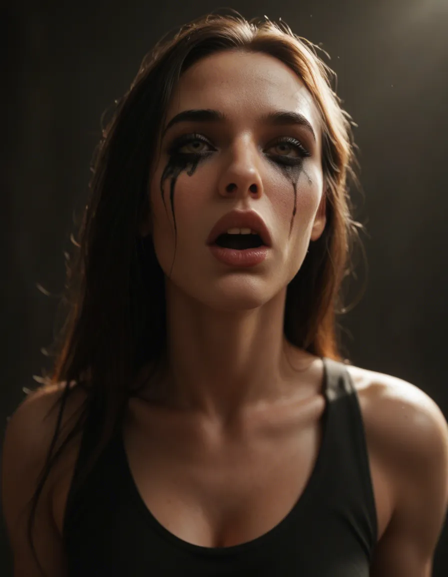 Deepthroat from a Gothic slim chick with running eyeliner, score_9, score_8, cinematic film still, anamorphic, film grain, dramatic lighting, shallow depth of field