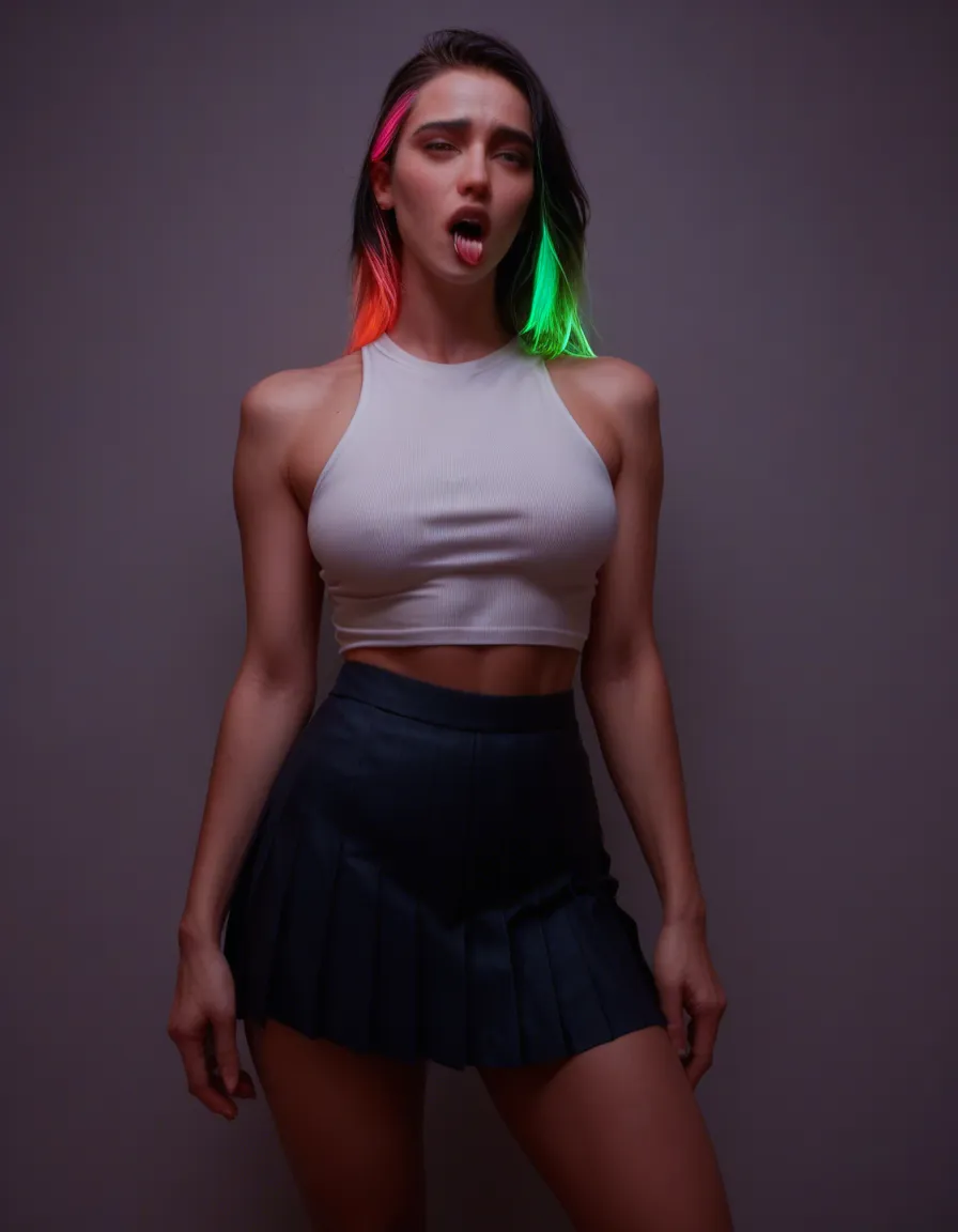 RAW photo, ultra realistic, 1other, streaked hair, pleated skirt, ahegao, neon glow, studio photo, score_9, score_8, candid photo, realistic skin texture, visible skin pores, film grain, depth of field