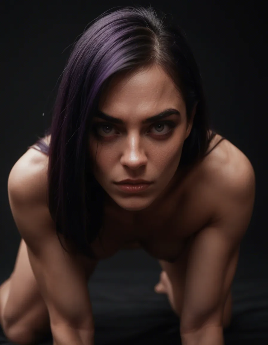 cinematic photo, 8k, violet parr, on all fours, toned body, black background, dominant stare, cinematic realism, 18 years old, score_9, score_8, candid photo, realistic skin texture, visible skin pores, film grain, depth of field