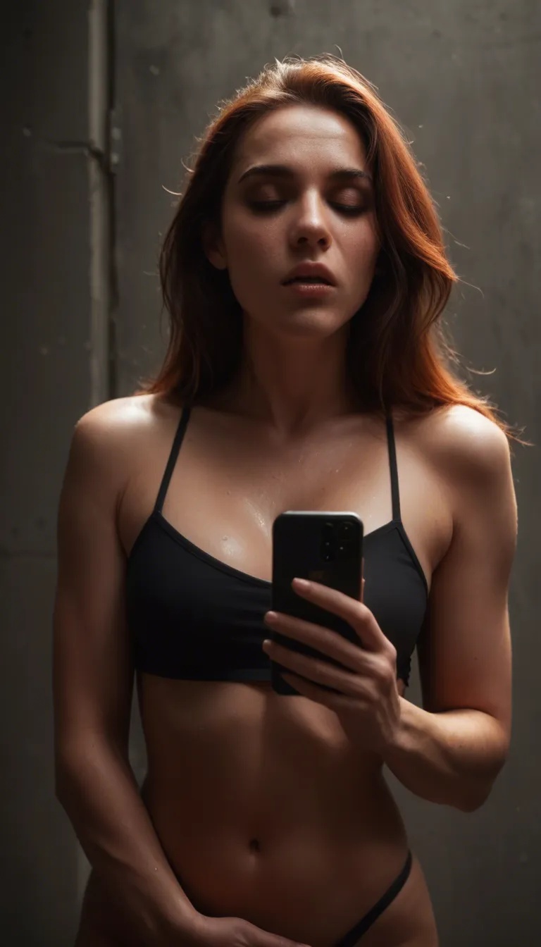 red_hair masturbation public_indecency orgasm, score_9, score_8, amateur photo, phone snapshot, realistic skin texture, skin blemishes, soft indoor lighting