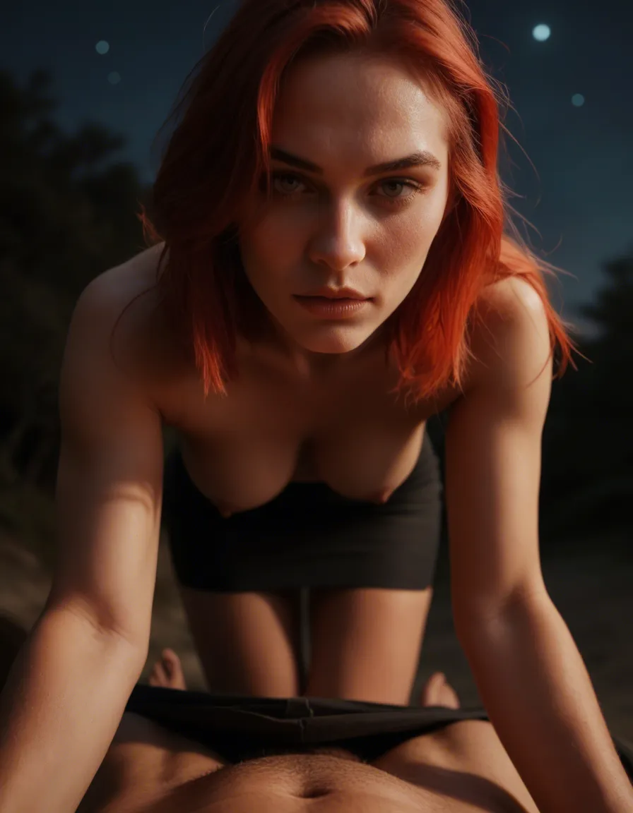 highly detailed, natural lighting, 1other, feet out of frame, black skirt, fully nude, night, POV, hyperrealistic red hair, score_9, score_8, candid photo, realistic skin texture, visible skin pores, film grain, depth of field