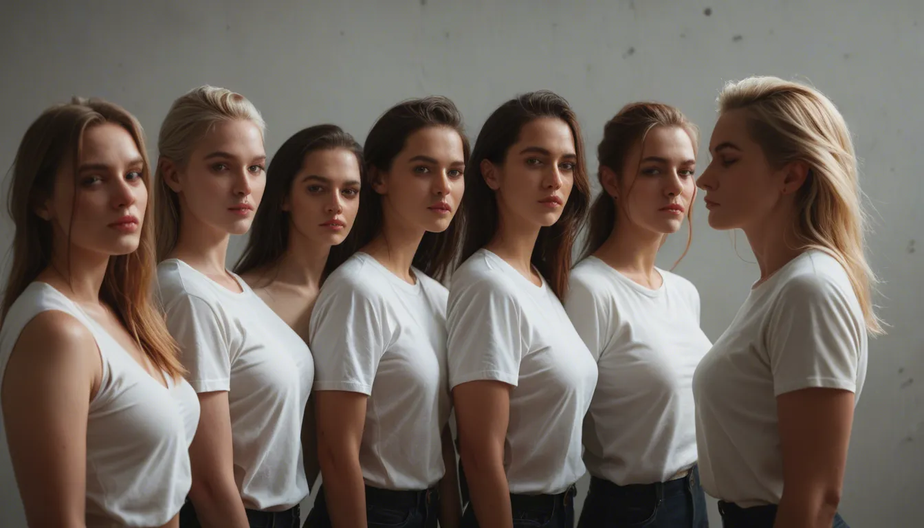 ultra HD, lifelike, 5women, white shirt, teasing, ambient glow, 8k uhd photo