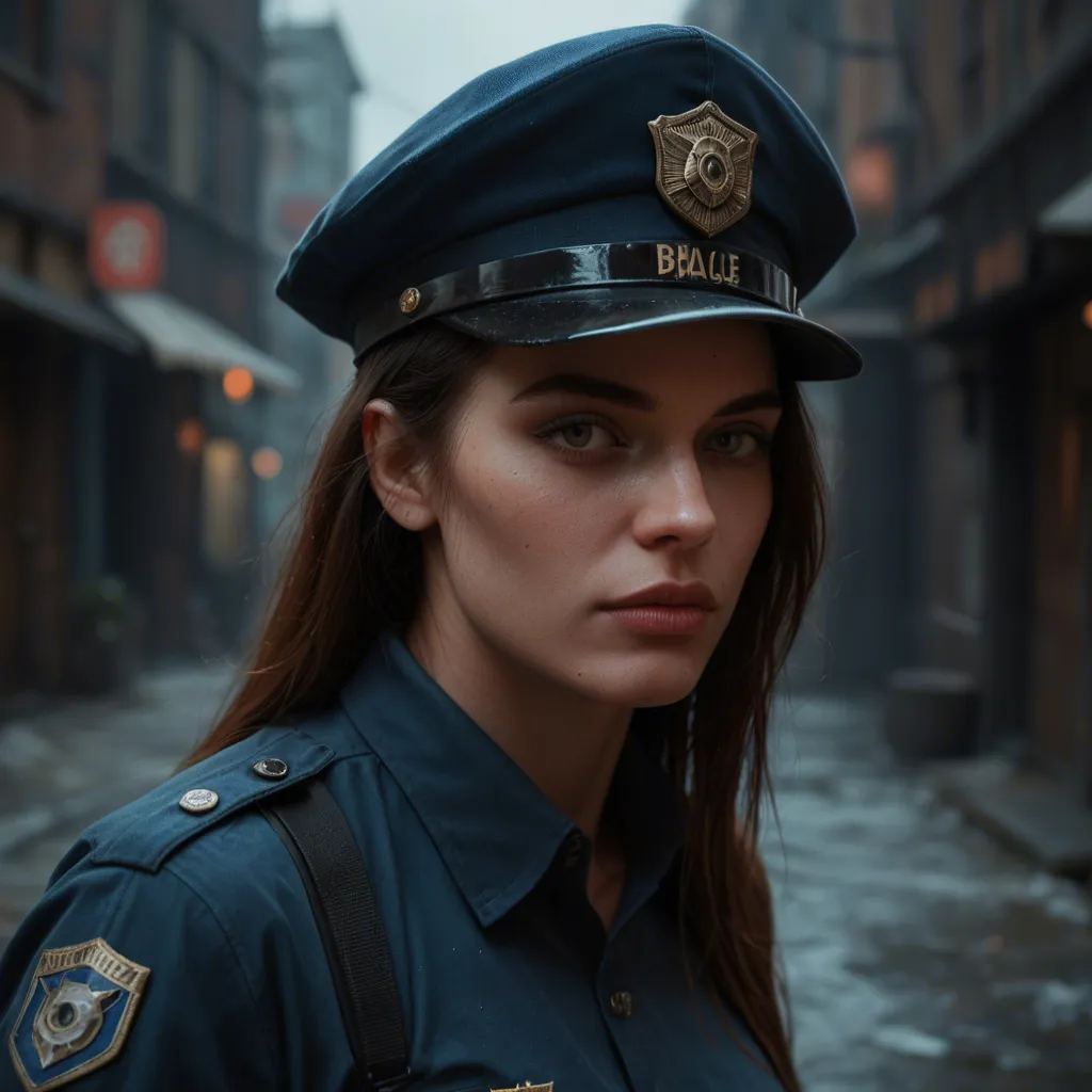 A clandestine, high-tension encounter captured in the moody, low-light atmosphere of a damp urban alleyway at midnight. A gorgeous, athletic female police officer in her early 40s, featuring a focused expression and brown hair secured in a tight ponytail, is captured in a moment of intense passion as she kneels before her colleague. The composition focuses on the visceral intimacy of a deepthroat act, emphasizing the close-up of oral penetration. Opposite her stands a tall, muscular dark-skinned officer; his face remains obscured by the frame, leaving only his authoritative, full-uniformed silhouette visible. To their side, the harsh, flickering glow of a police cruiser's headlights cuts through the darkness, casting long, dramatic shadows against the brick walls and highlighting the taut lines of the woman's athletic physique and the crisp fabric of their navy uniforms.