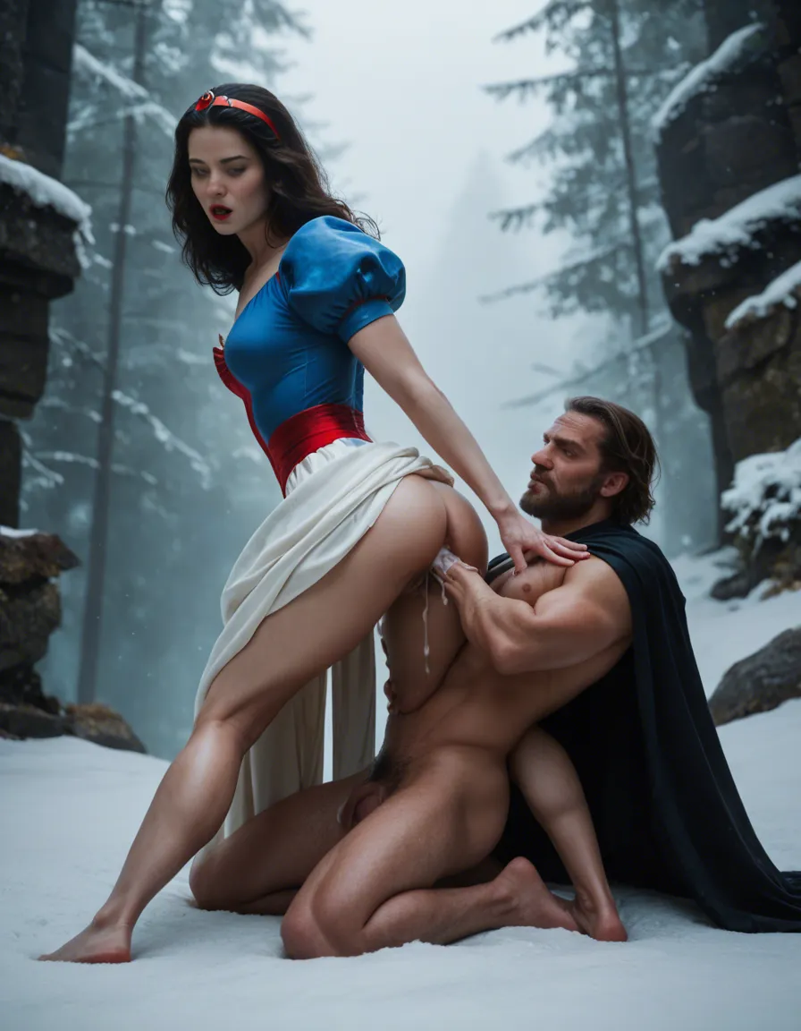 photorealistic, Snow White, Snow White dress, sex, dwarf, size_difference, cum_in_pussy, full_body, from_side, score_9, score_8, candid photo, realistic skin texture, visible skin pores, film grain, depth of field