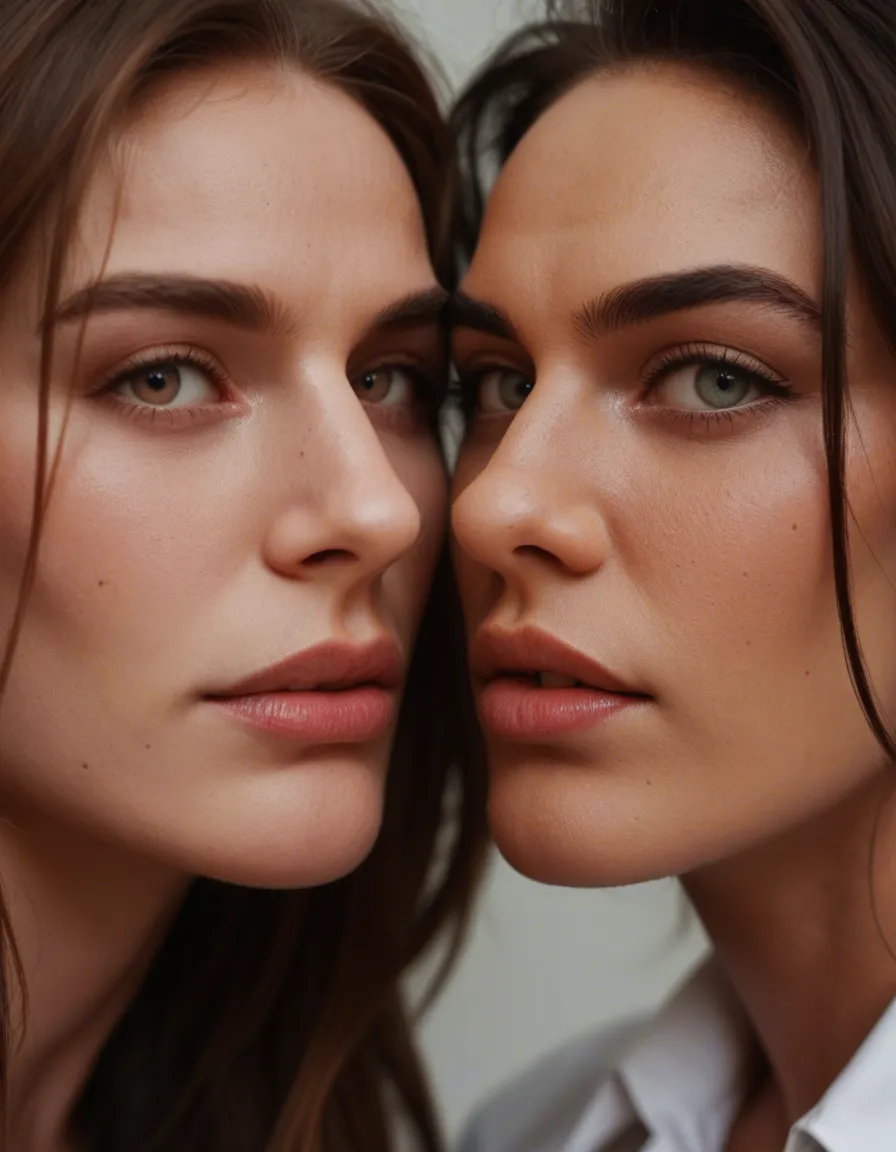 professional photo, high detail, close-up, 2women, bent over, hourglass figure, RAW photo, score_9, score_8, candid photo, realistic skin texture, visible skin pores, film grain, depth of field