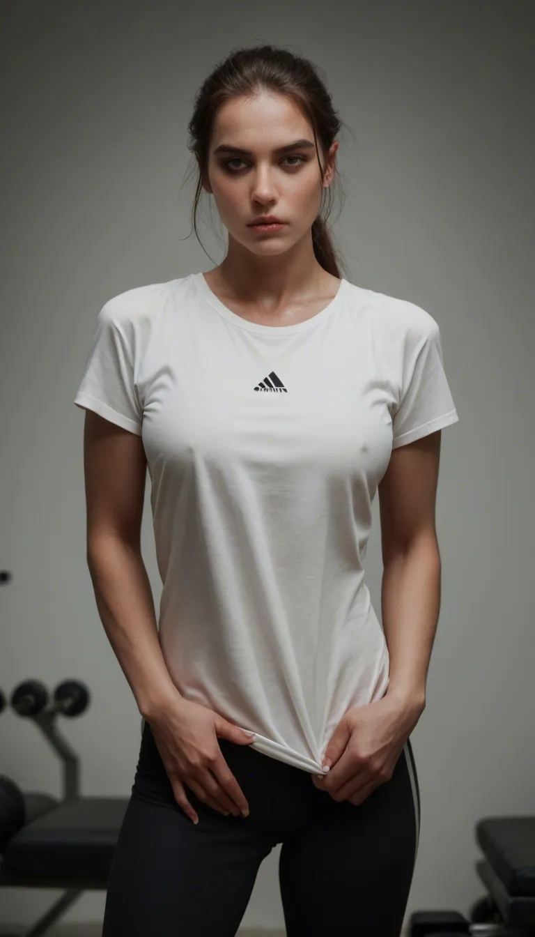girl in her 20s thinks she is alone in the gym removes clothes and begins to masturbate however older man is watching her.