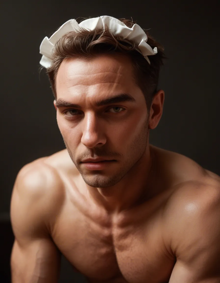 male_focus maid nude, score_9, score_8, candid photo, realistic skin texture, visible skin pores, film grain, depth of field