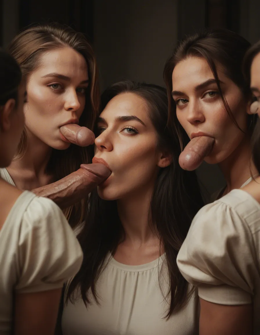 dslr, film grain, photorealistic, 5women, standing, puffy sleeves, blowjob, film photography, score_9, score_8, candid photo, realistic skin texture, visible skin pores, film grain, depth of field