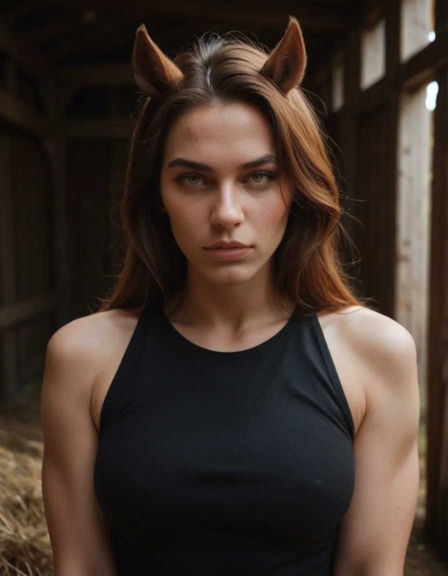 best quality, hyperrealistic, equestrian, horse girl, flashing boobs, in the barn, double d, score_9, score_8, candid photo, realistic skin texture, visible skin pores, film grain, depth of field