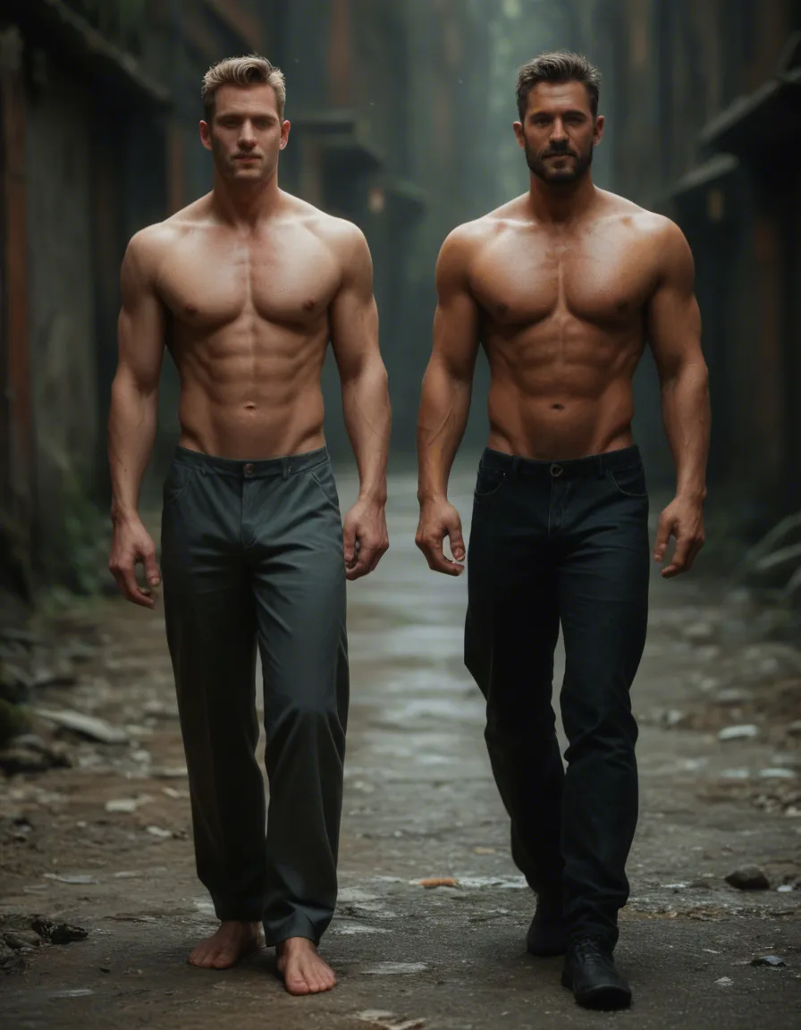 8k, sharp focus, detailed skin, 2boys, topless, bottomless, no footwear, lifelike render, full body, score_9, score_8, candid photo, realistic skin texture, visible skin pores, film grain, depth of field