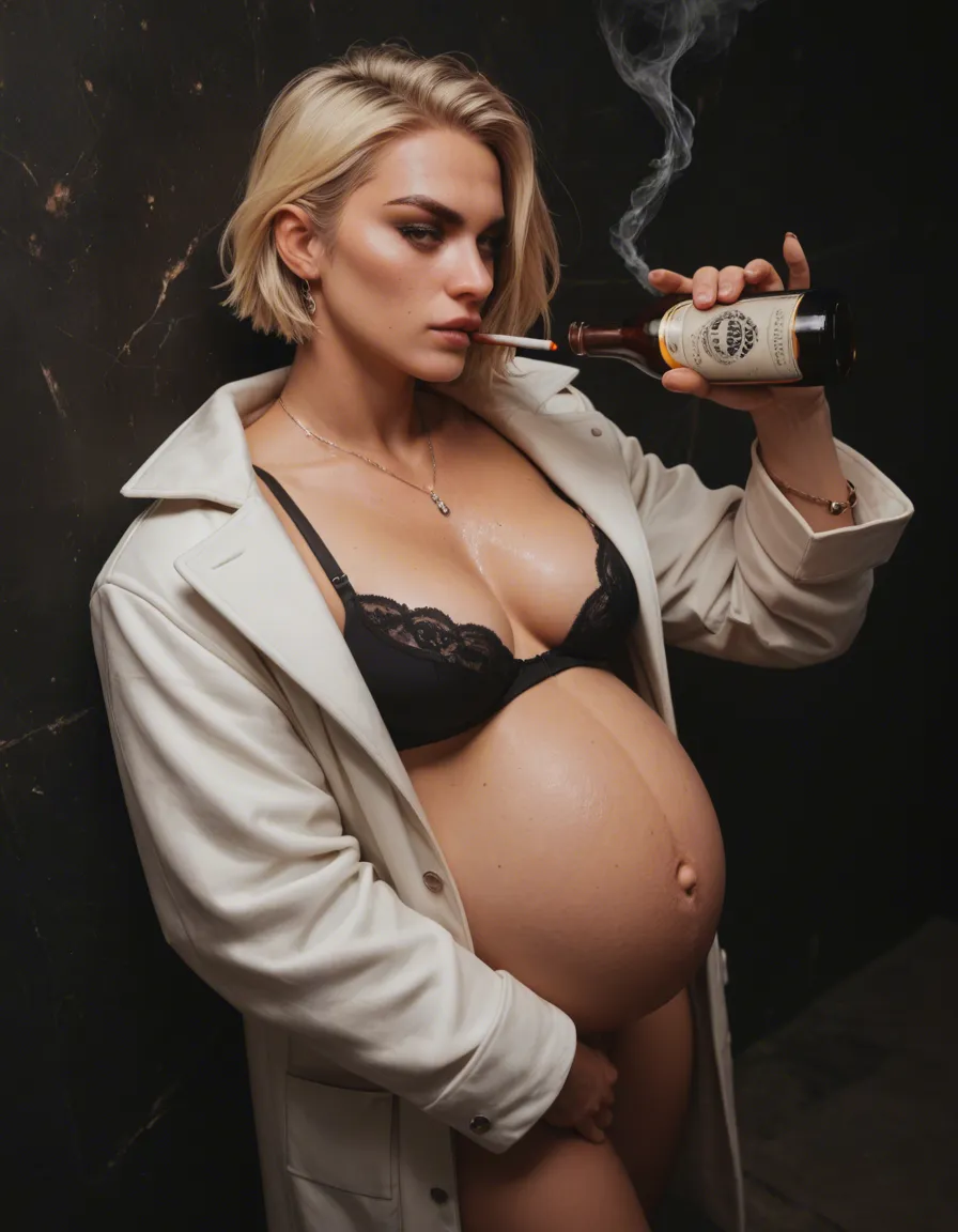 from_above A heavily pregnant fake blonde brittish trashy poor woman in a very slutty fluffy brown and white coat, with a small black bra on large_breasts. Long fake black eyelashes. Shes holding onto a bottle of alcohol and smoking a cigarette. Shes saying "oi im pregnant", score_9, score_8, amateur photo, phone snapshot, realistic skin texture, skin blemishes, soft indoor lighting