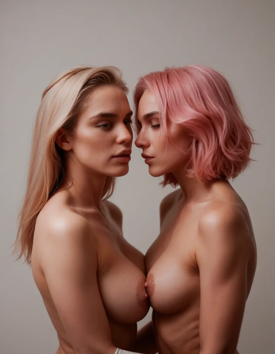best quality, hyperrealistic, couple, pink hair, gloves, fully nude, RAW photo, score_9, score_8, candid photo, realistic skin texture, visible skin pores, film grain, depth of field