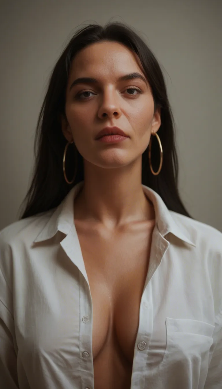 Mature woman in her 50s, long black hair loose, black eyes, hoop earrings, wears an unbuttoned blouse, squeezes the observer's erect penis in her hands and masturbates it until it ejaculates on her breasts