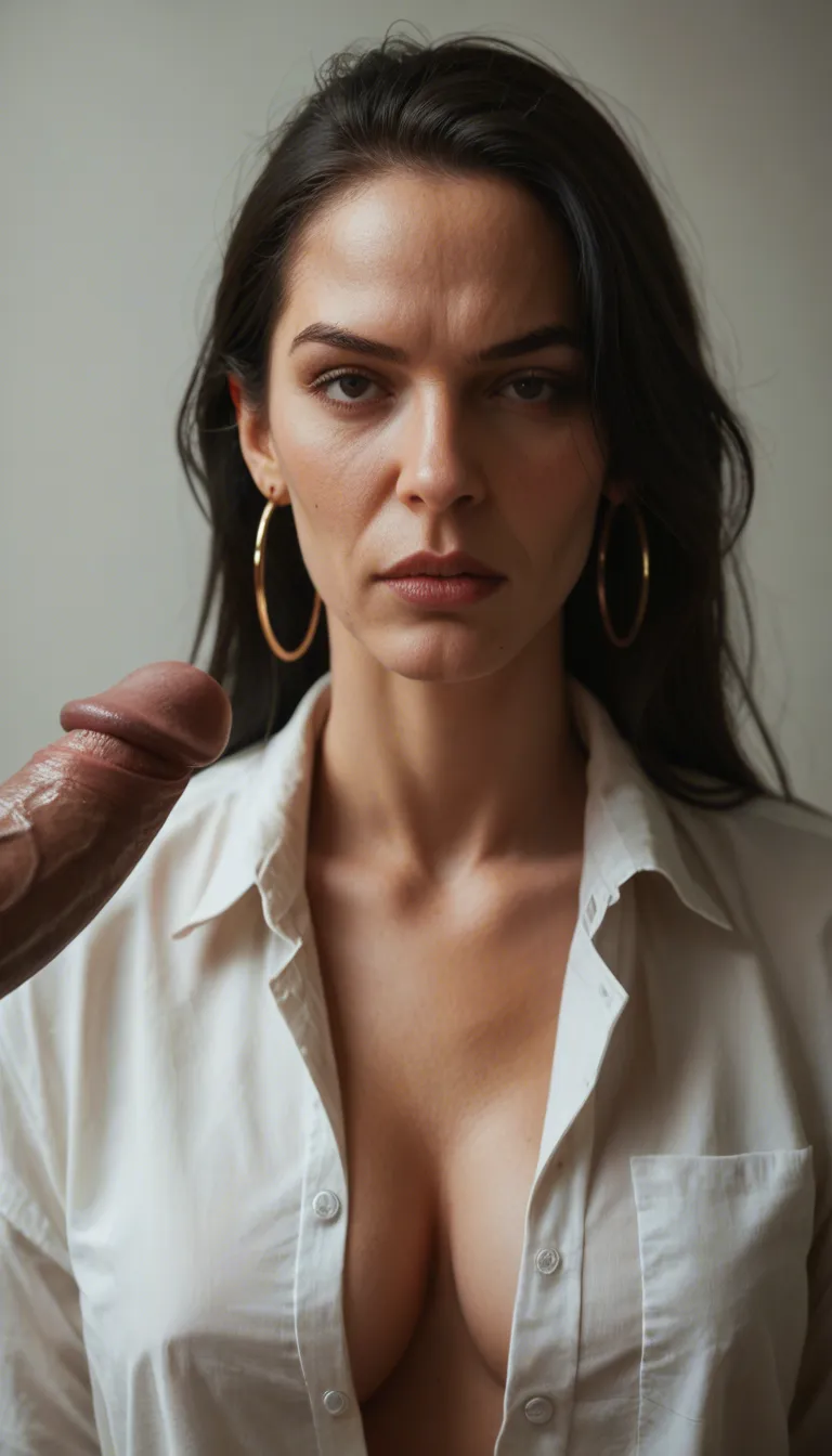 mature woman in her 50s, long black hair loose, black eyes, hoop earrings, wears unbuttoned blouse, squeezes the erect penis of the observer in her hands and masturbates it until it ejaculates on her breasts, sperm squirts out of the penis
