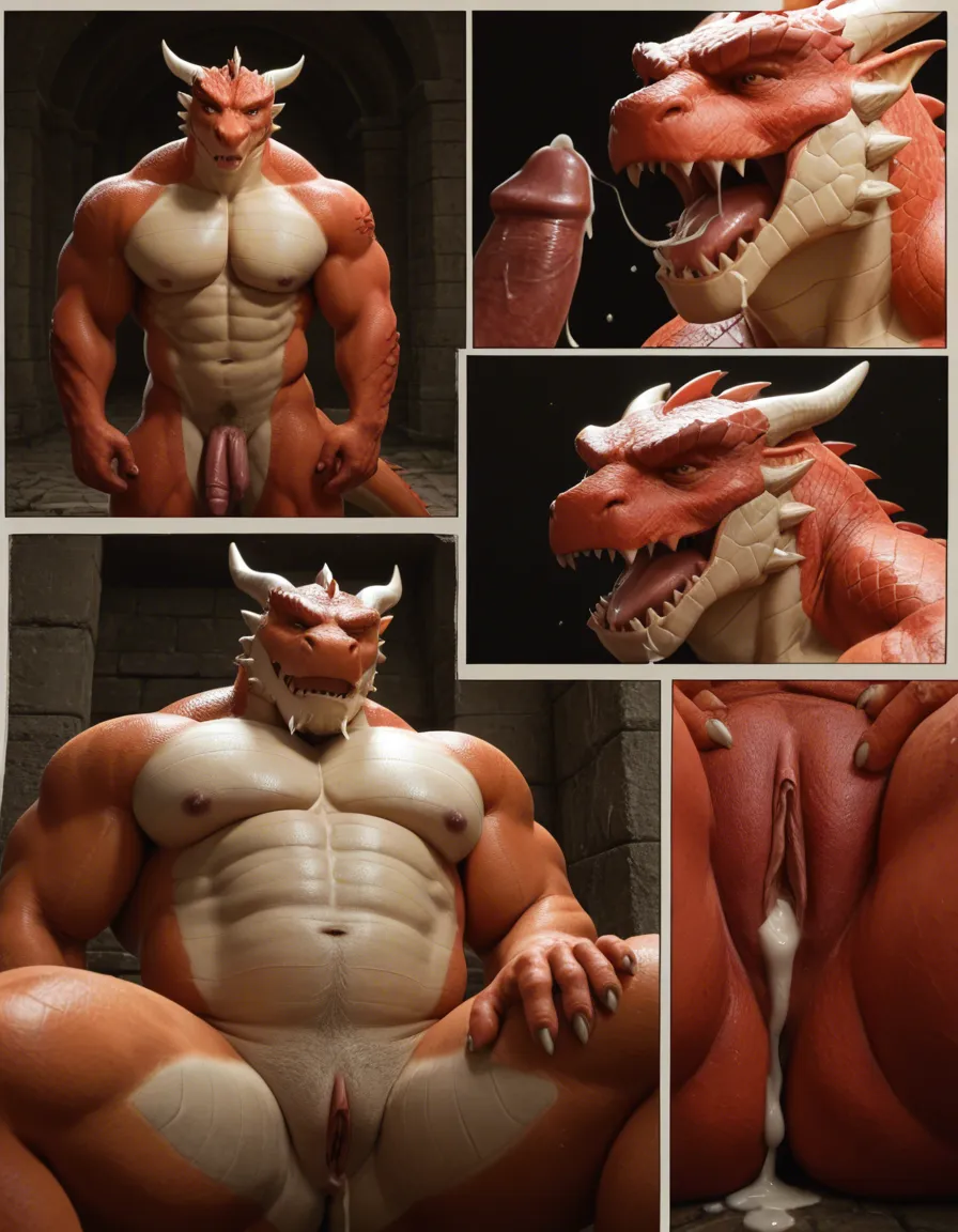 Masterpiece, bara, muscular_male, chubby, plump, dragonborn, furry, dragon, white scales, red eyes, comic, silent_comic, cum_in_pussy, cum_in_mouth, cum_on_body, cumdrip, cum, cum_in_ass, cum_overflow, being fucked, embarrassed, riding dildo, clear dildo, double penetration, vaginal, anal, score_9, score_8, cinematic film still, anamorphic, film grain, dramatic lighting, shallow depth of field