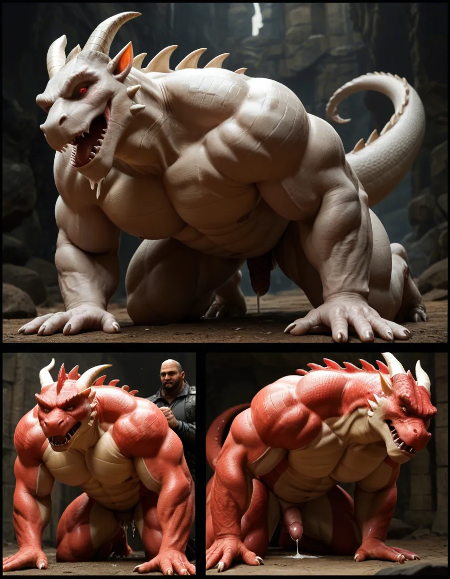 Masterpiece, bara, muscular_male, chubby, plump, dragonborn, furry, dragon, white scales, red eyes, comic, silent_comic, sex slave, sex_from_behind, embarrassed, cum_in_pussy, score_9, score_8, cinematic film still, anamorphic, film grain, dramatic lighting, shallow depth of field