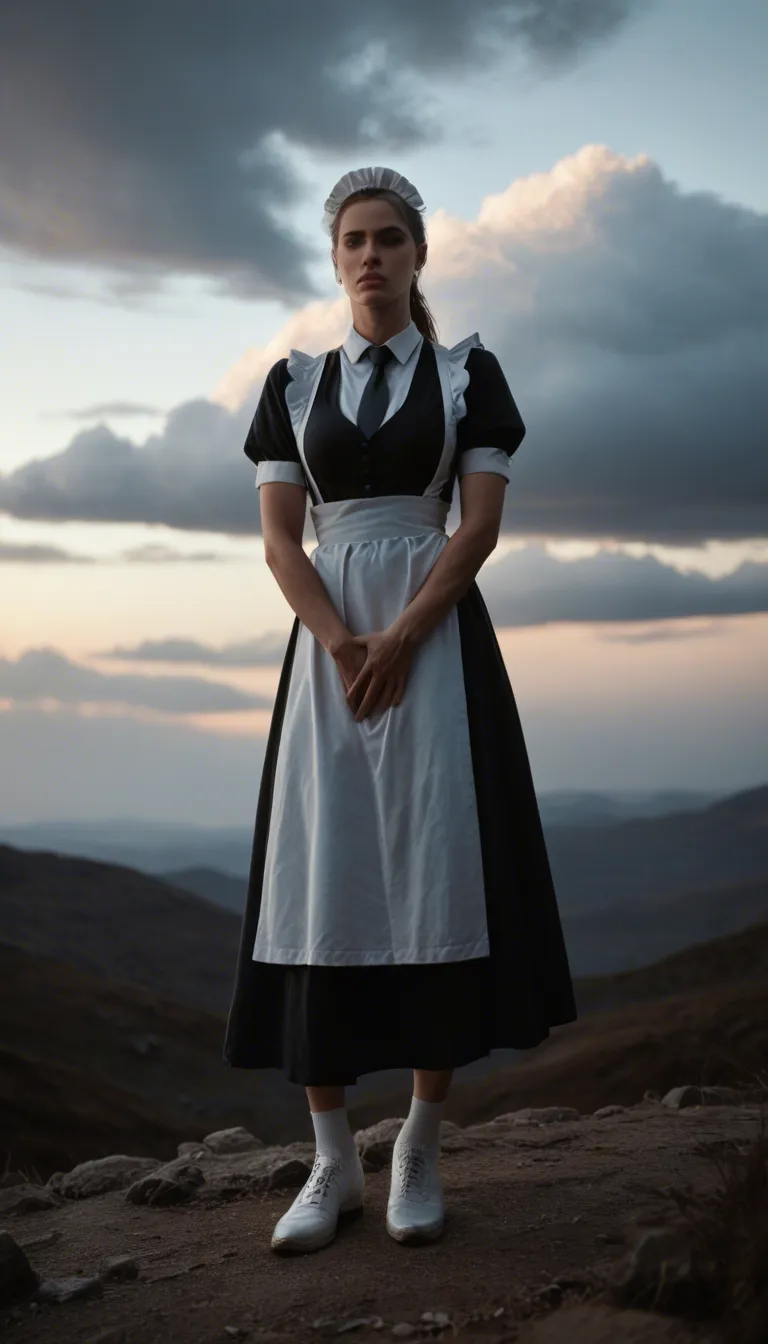studio quality, sharp focus, maid, white footwear, necktie, masturbation, cloudy sky, moonlight, dslr quality