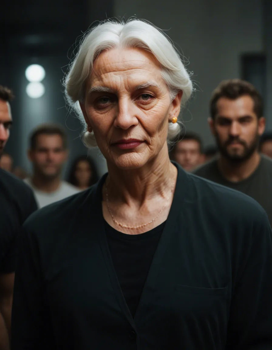 Grandma and young men, score_9, score_8, candid photo, realistic skin texture, visible skin pores, film grain, depth of field