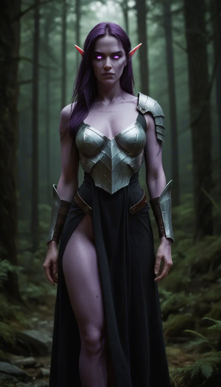 purple skinned night elf, glowing eyes, forest, hunting, partially_visible_vulva, photorealistic. armored_dress