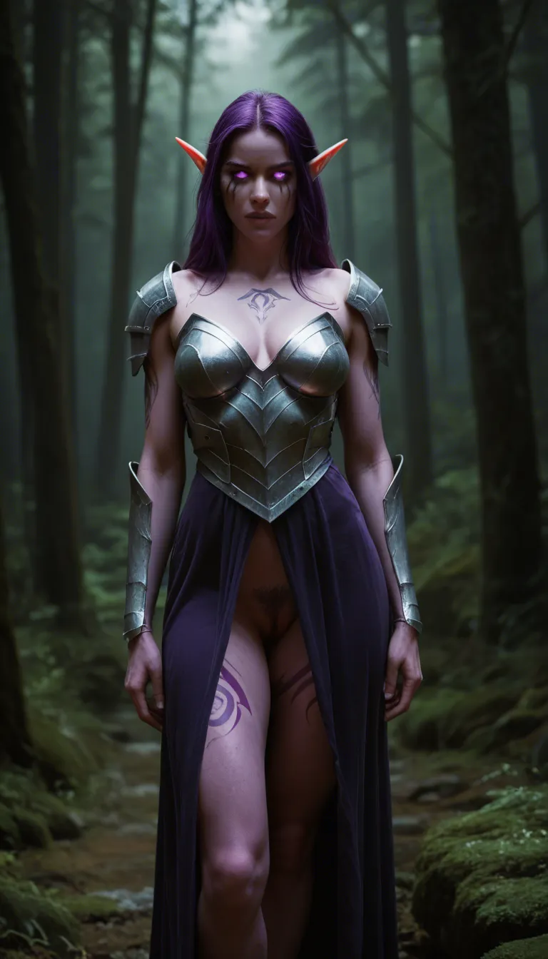 purple skinned night elf, glowing eyes, forest, hunting, partially_visible_vulva, armored_dress, no_panties, pubic_tattoo