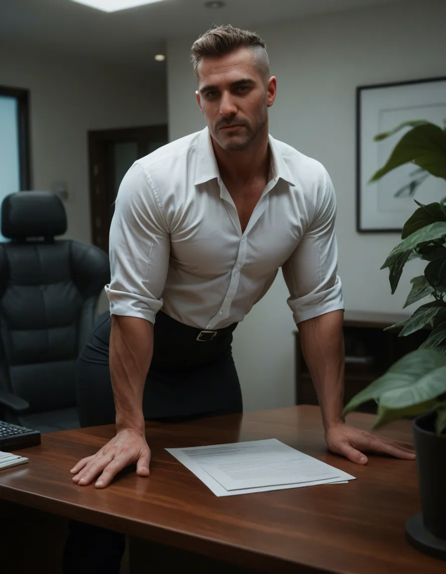 sharp focus, 8k uhd, office lady, muscular male, shirt, bent over, leaf, cinematic realism, score_9, score_8, candid photo, realistic skin texture, visible skin pores, film grain, depth of field