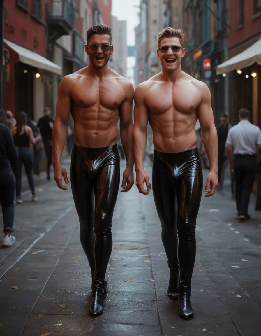 RAW photo, ultra realistic, 8k, sharp focus, detailed skin, 2boys, party, #yaoi sunglasses, smile, open_mouth, bdsm, score_9, score_8, full_body, walking, latex_pink, high_heels, hentai_studio_quality, score_9, score_8, candid photo, realistic skin texture, visible skin pores, film grain, depth of field