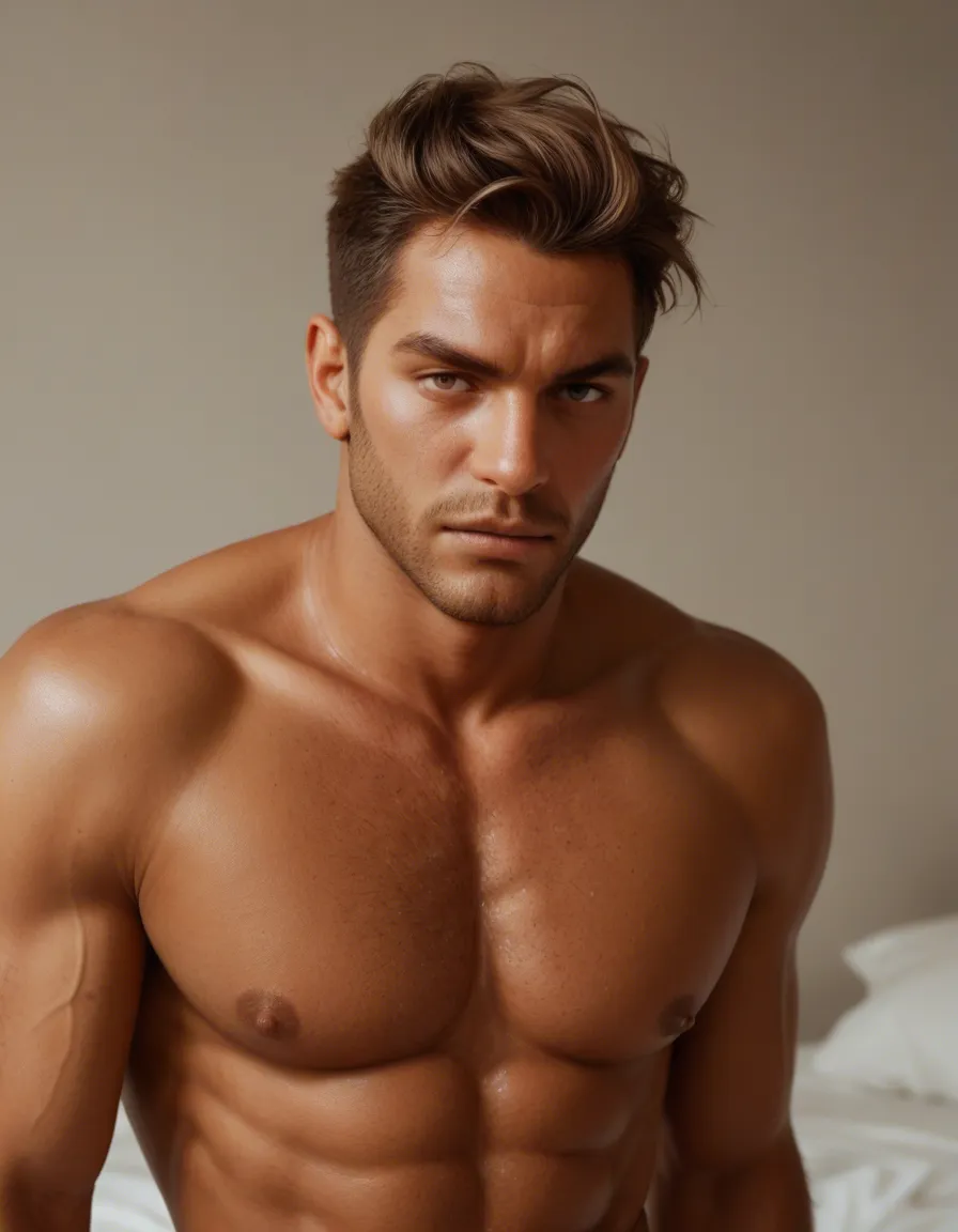 generate an image of a boy that is physically appealing and full of energy. He has dark-gold hair that is longer and combed back, contributing to his image as the attractive and charismatic middle Curtis brother. His eyes are dark brown and expressive, often reflecting his good-natured and empathetic personality. He is of athletic build, lean and strong, which is partly due to his work as a mechanic and his natural agility. His physical attractiveness is emphasized in the narrative, highlighting that he is considered the "golden boy" among his brothers and peers, jerking off in bedroom, score_9, score_8, candid photo, realistic skin texture, visible skin pores, film grain, depth of field