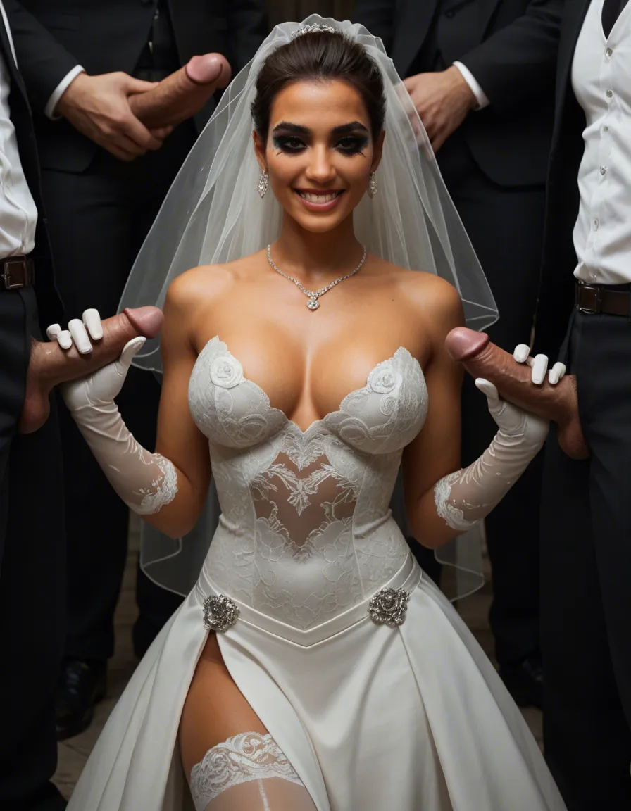 gangbang, lace white veil, lace white stockings, eyes contact, fully clothed man, latina woman, 18 years old, happy face, beautiful, very slim body, (white lace gloves), bride, (white wedding dress), crop covered breasts, (C cup breasts), perfect heavy makeup, pink lipstick, (gangbang with 3 men), (cum dripping from cock), (gangbang), (double anal penetration), standing, side view, score_9, score_8, amateur photo, phone snapshot, realistic skin texture, skin blemishes, soft indoor lighting