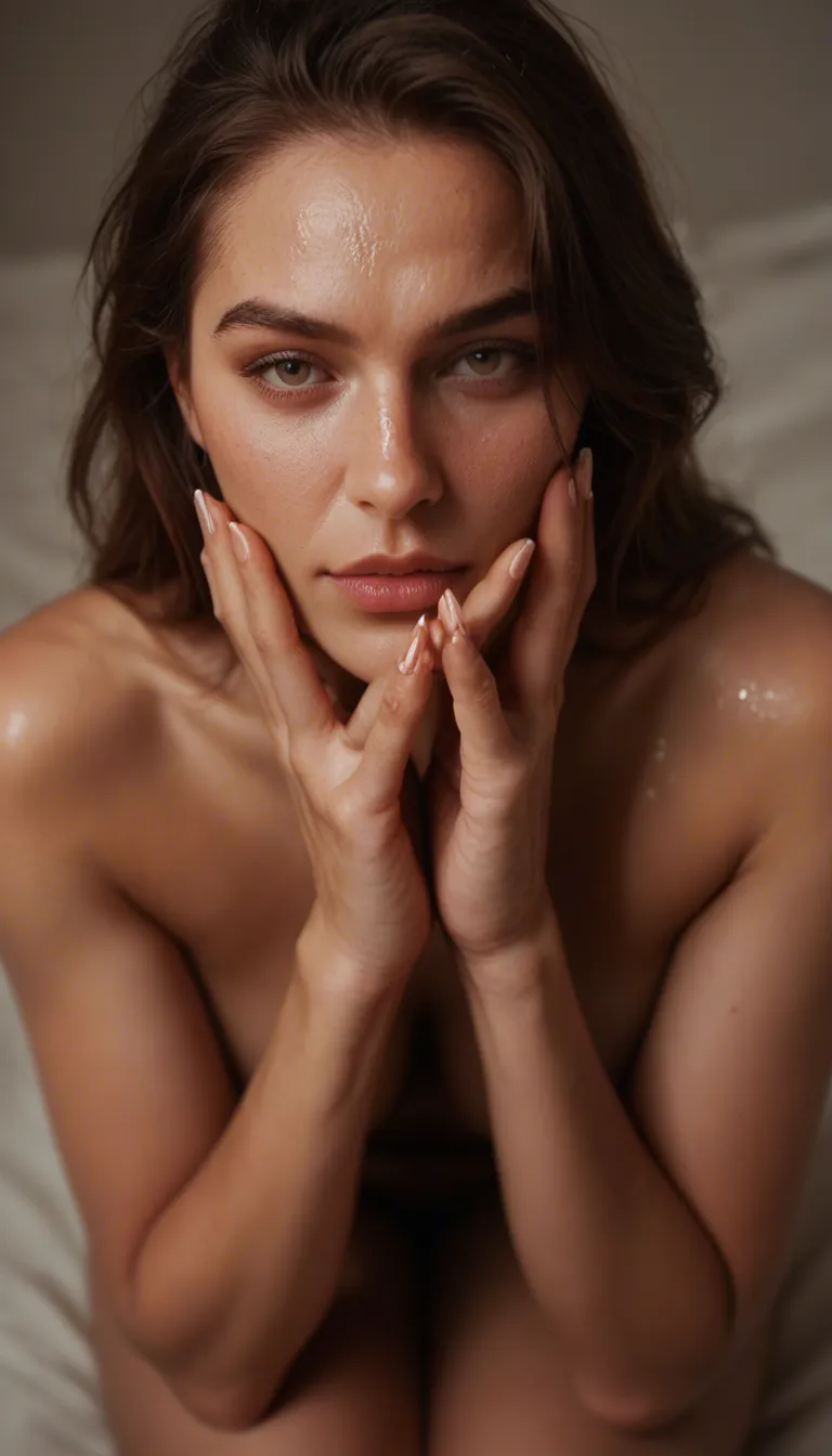 Sexy womanon her knees rubbing her hands together with oil. Her fingernails are pink