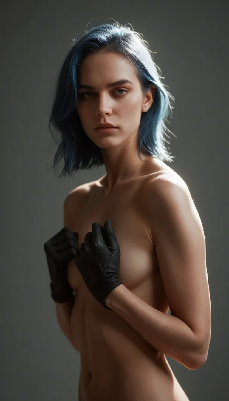highly detailed, natural lighting, solo, blue hair, black gloves, fully nude, lifelike render