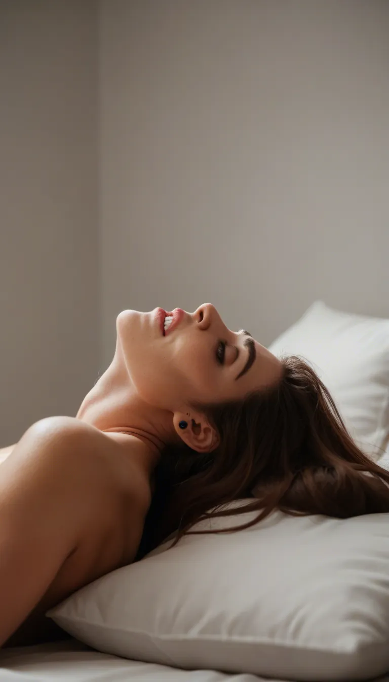 studio quality, sharp focus, low angle, fitness model, deepthroat, nail polish, pillow, shy smile, studio photo