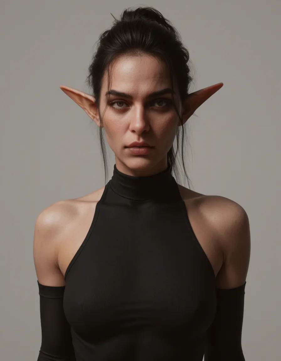 best quality, hyperrealistic, elf woman, elbow gloves, presenting, 8k uhd photo, @_@, score_9, score_8, 3d render, octane render, subsurface scattering, ray tracing, smooth shading