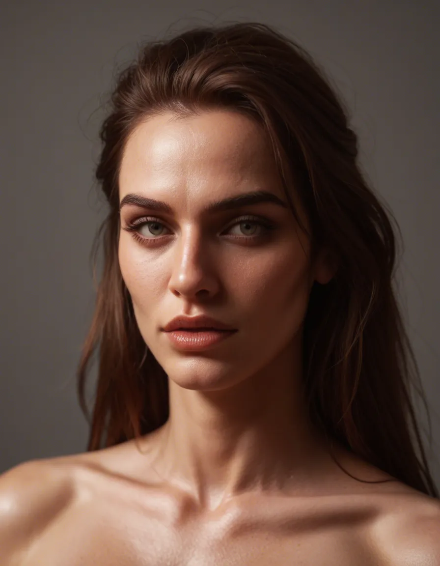 Erstelle mir eine braunhaarige 25-jährige 1 Meter 75 große Frau, fasersplitternackt, die sich selbst befriedigt., score_9, score_8, candid photo, realistic skin texture, visible skin pores, film grain, depth of field