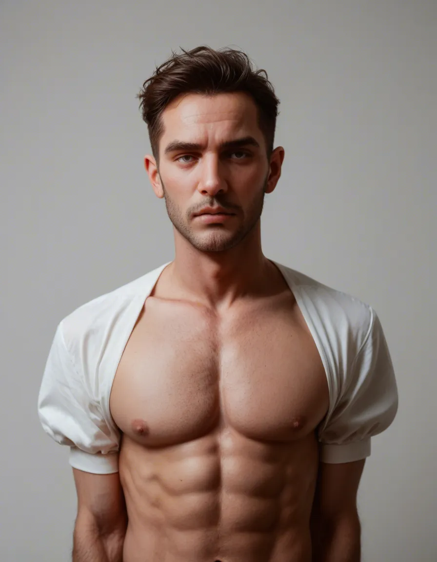 ultra HD, lifelike, male focus, navel, puffy sleeves, bondage, white background, rim light, photorealistic, score_9, score_8, candid photo, realistic skin texture, visible skin pores, film grain, depth of field