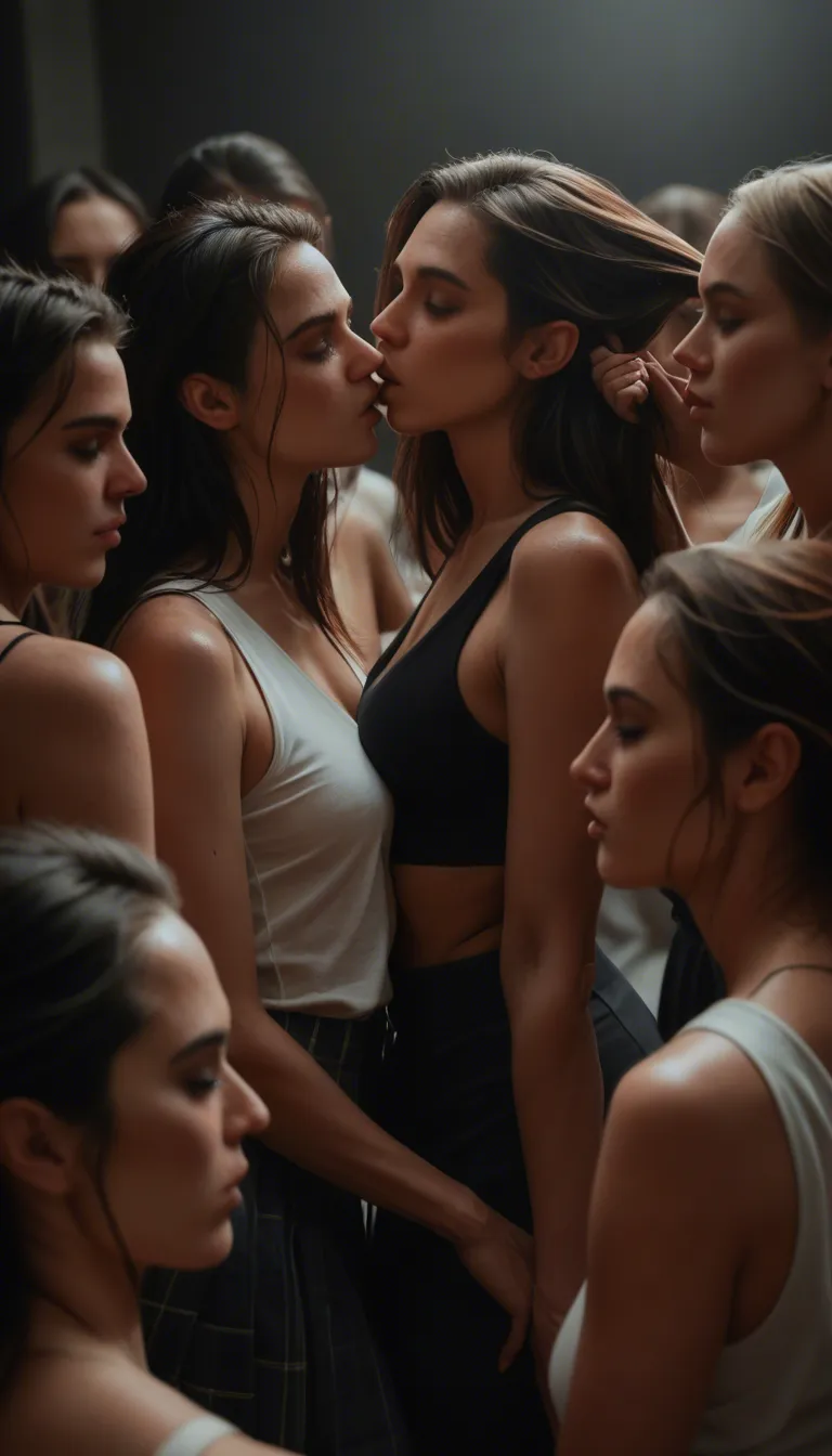 dslr, film grain, photorealistic, 6+women, pointy ears, skirt, kissing, hair pull, dutch angle, studio lighting, hyperrealistic