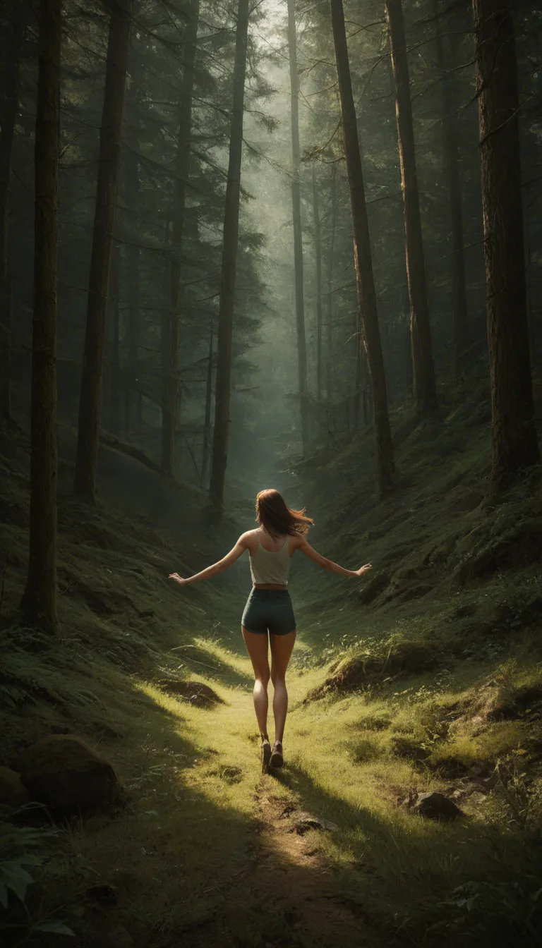 A young adult woman with light skin and a slim build is seen from behind, positioned in the center of a sunlit forest scene. She leans forward while moving through dense grass and low vegetation, her left arm extended toward the plants and her long brown hair swinging down her back. She wears a short yellow dress patterned with small white flowers, its skirt lifted slightly by her motion. Tall grasses, leafy ground cover, and dark woodland foliage surround her, with patches of warm sunlight casting intricate plant shadows across her legs and clothing. The view is slightly elevated and angled down, capturing her full figure amid the sloping, overgrown terrain. Natural greens and golden yellows dominate the palette, creating a vivid, summery atmosphere with dappled light and a candid, outdoorsy feel. The image appears like a casual social-media photograph, with a narrow vertical composition., score_9, score_8, candid photo, realistic skin texture, visible skin pores, film grain, depth of field