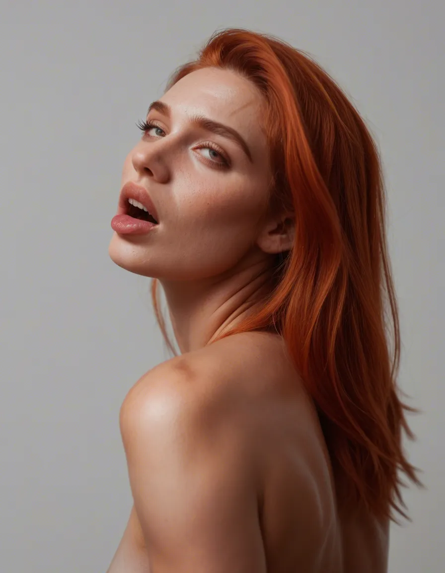 sharp focus, 8k uhd, close-up, redhead woman, ahegao, ass, simple background, wild energy, dslr quality, score_9, score_8, candid photo, realistic skin texture, visible skin pores, film grain, depth of field